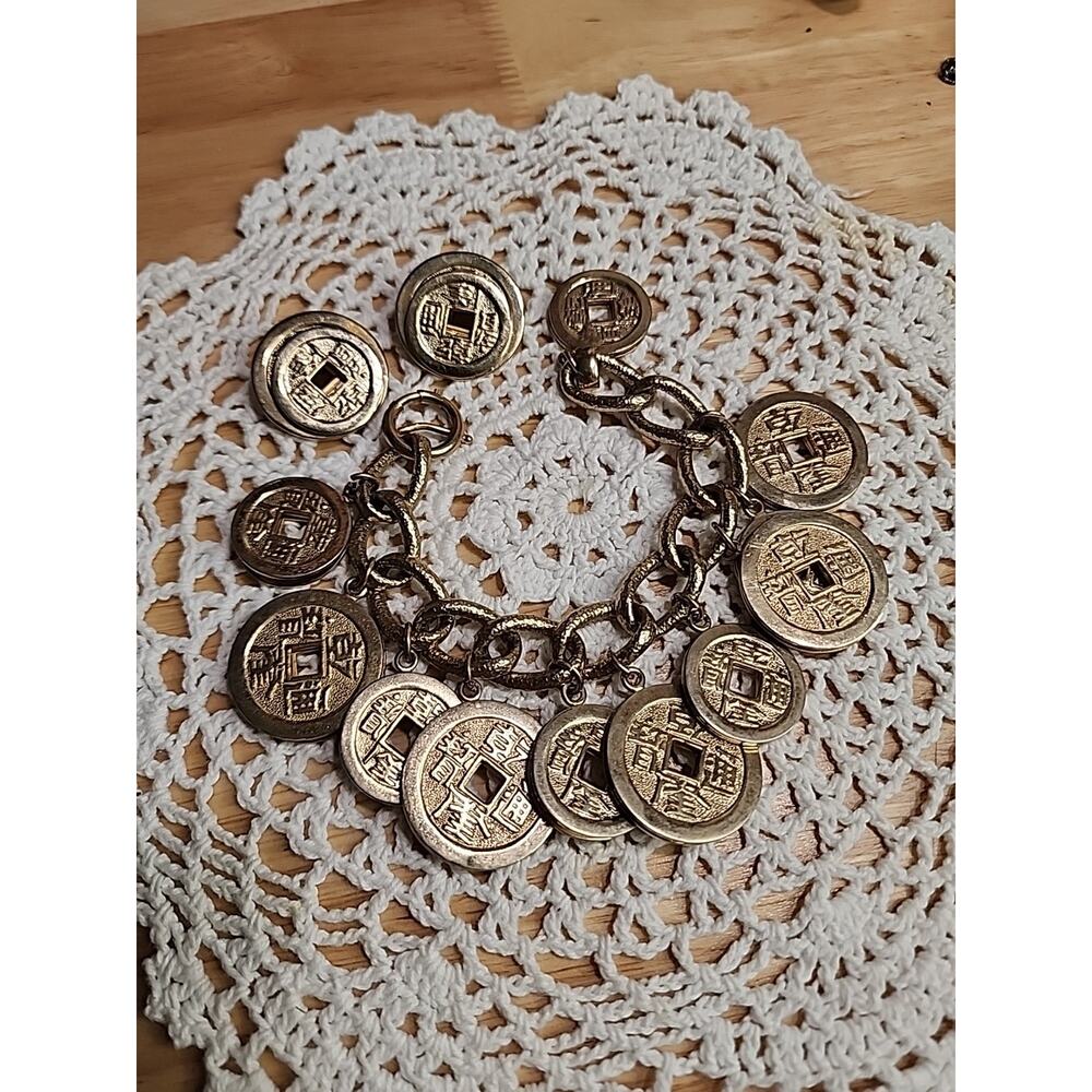 SOLD Vtg Napier Charm Bracelet Chunky Gold Tone Chinese Coin W/Clip On Earrings